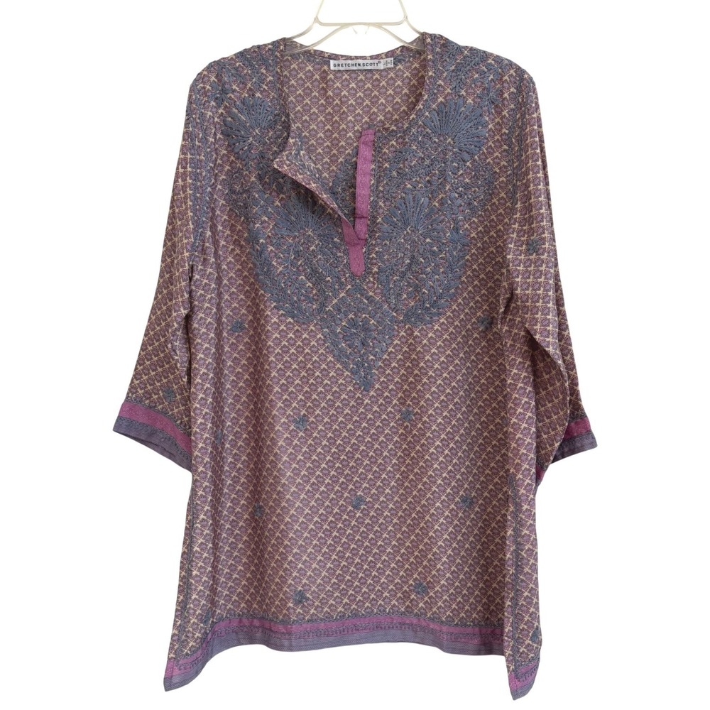 Gretchen Scott Boho Womens Embroidered Tunic Top Purple Pink Floral Print Size L